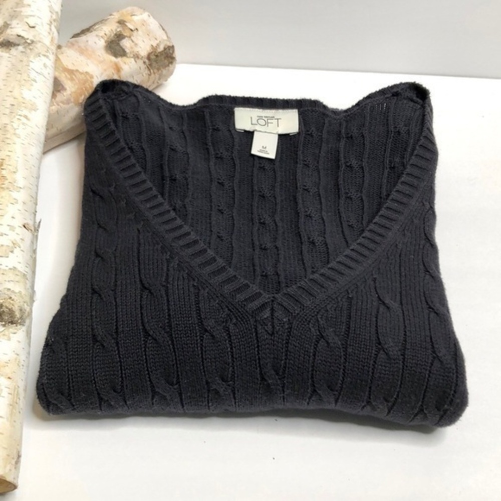 LOFT Womens V neck Cable Knit Sweater in Charcoal Gray Size Medium